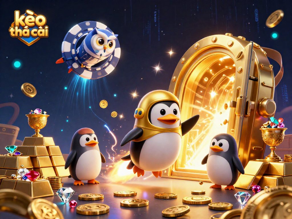 Catch the action in kèo nhà cái with a golden penguin and casino adventure illustration.