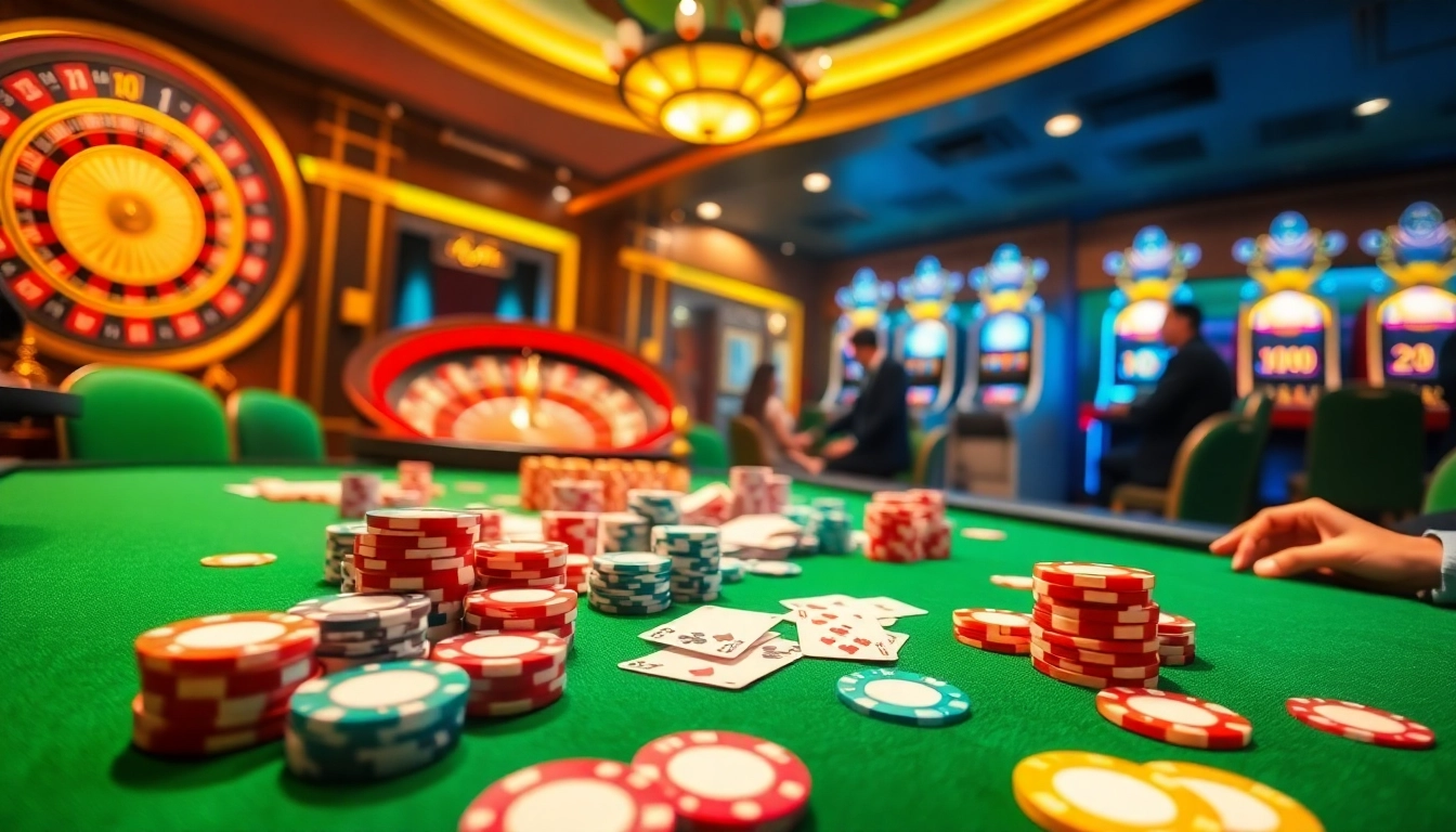 Engaged players enjoy a strategic poker game at 8day.cn.com's luxurious casino tables, featuring colorful chips and cards.