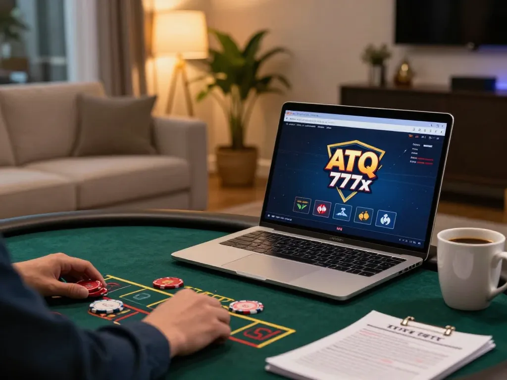 Engaging in online poker at home with ATQ 777x interface visible, promoting responsible gaming.
