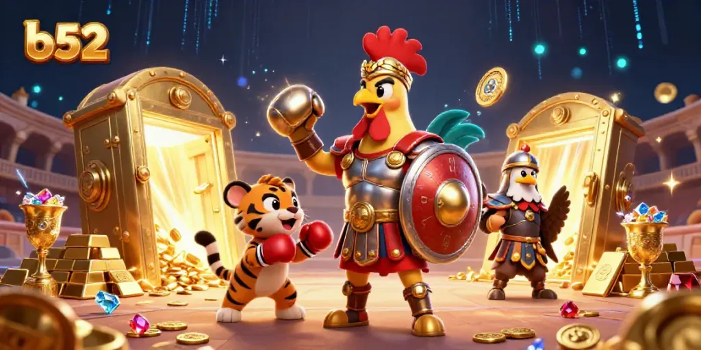 B52 game winning moment with a stylish rooster character, vibrant treasures and a fun casino environment.