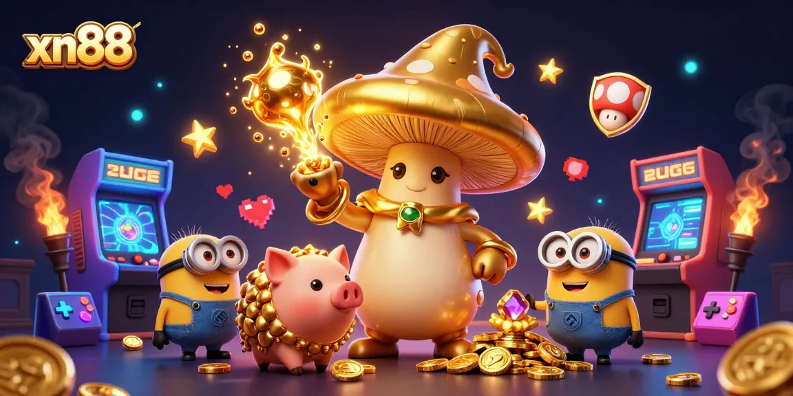 xn88 reveals golden gains with a whimsical mushroom wizard and treasures in a vibrant casino scene