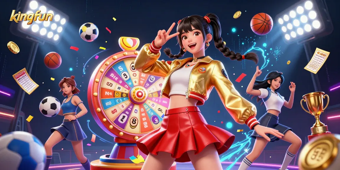 Engage with kingfun's excitement as a vibrant Asian woman celebrates amidst dynamic sports balls and confetti.