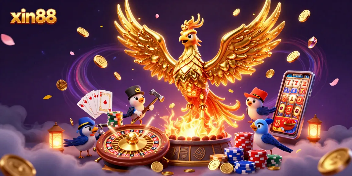 Experience the vibrant xin88 casino world, where golden phoenixes and dynamic gaming symbols fly through a mystical setting.