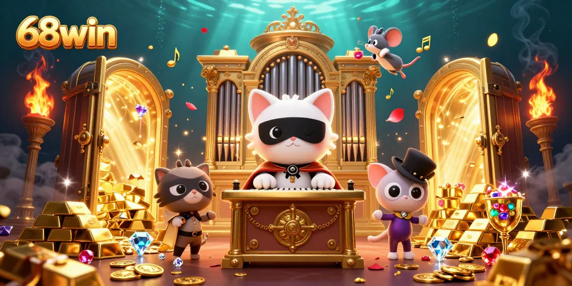 Experience the excitement of 68win with a vibrant, dynamic casino scene portraying lavish rewards and theatrical elements.