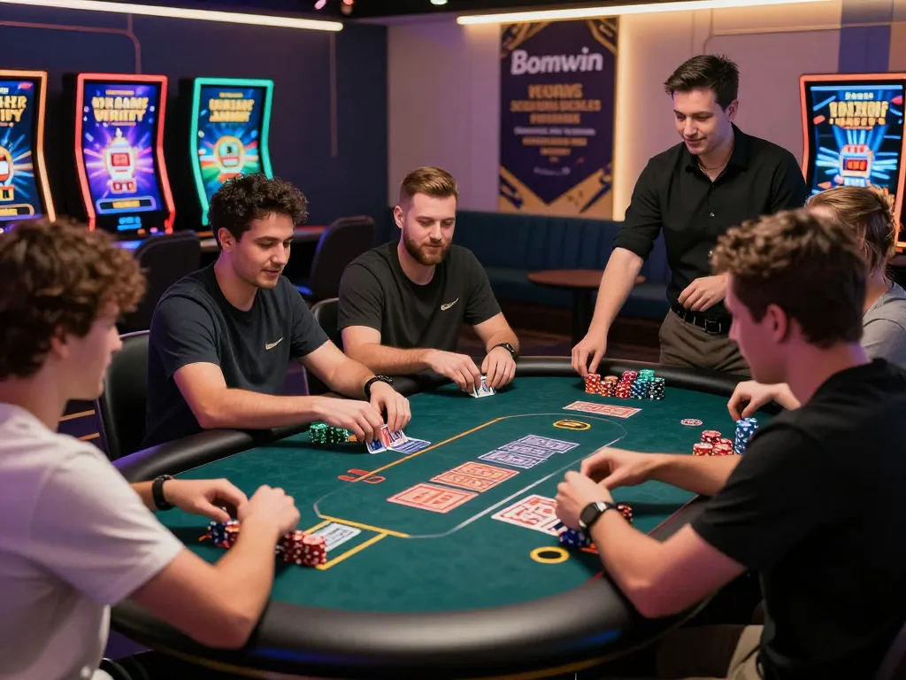 Engaging online gaming scene with players enjoying Bomwin, vibrant graphics, and high-stakes atmosphere.