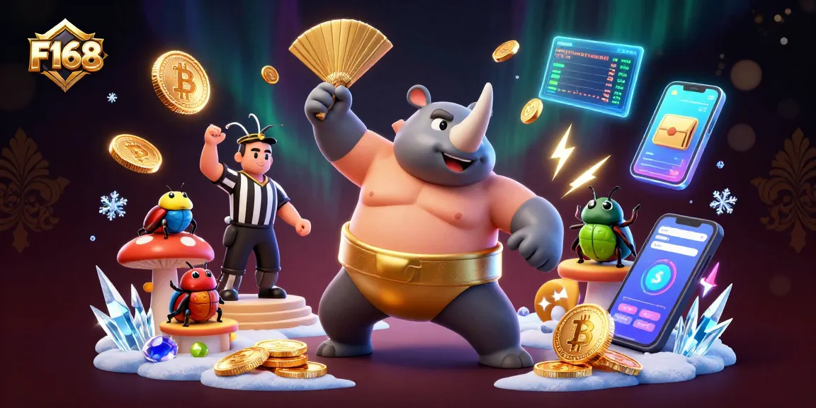 Experience the thrilling F168 online casino with vibrant cartoon characters and crypto elements soaring through the scene.
