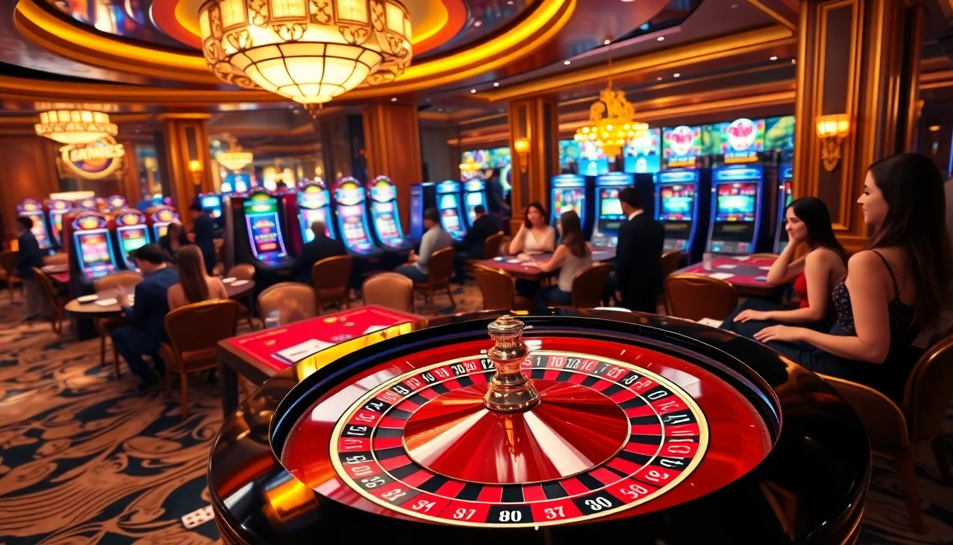 Players enjoying an exciting casino environment with roulette and vibrant gambling elements at bangsawan88.