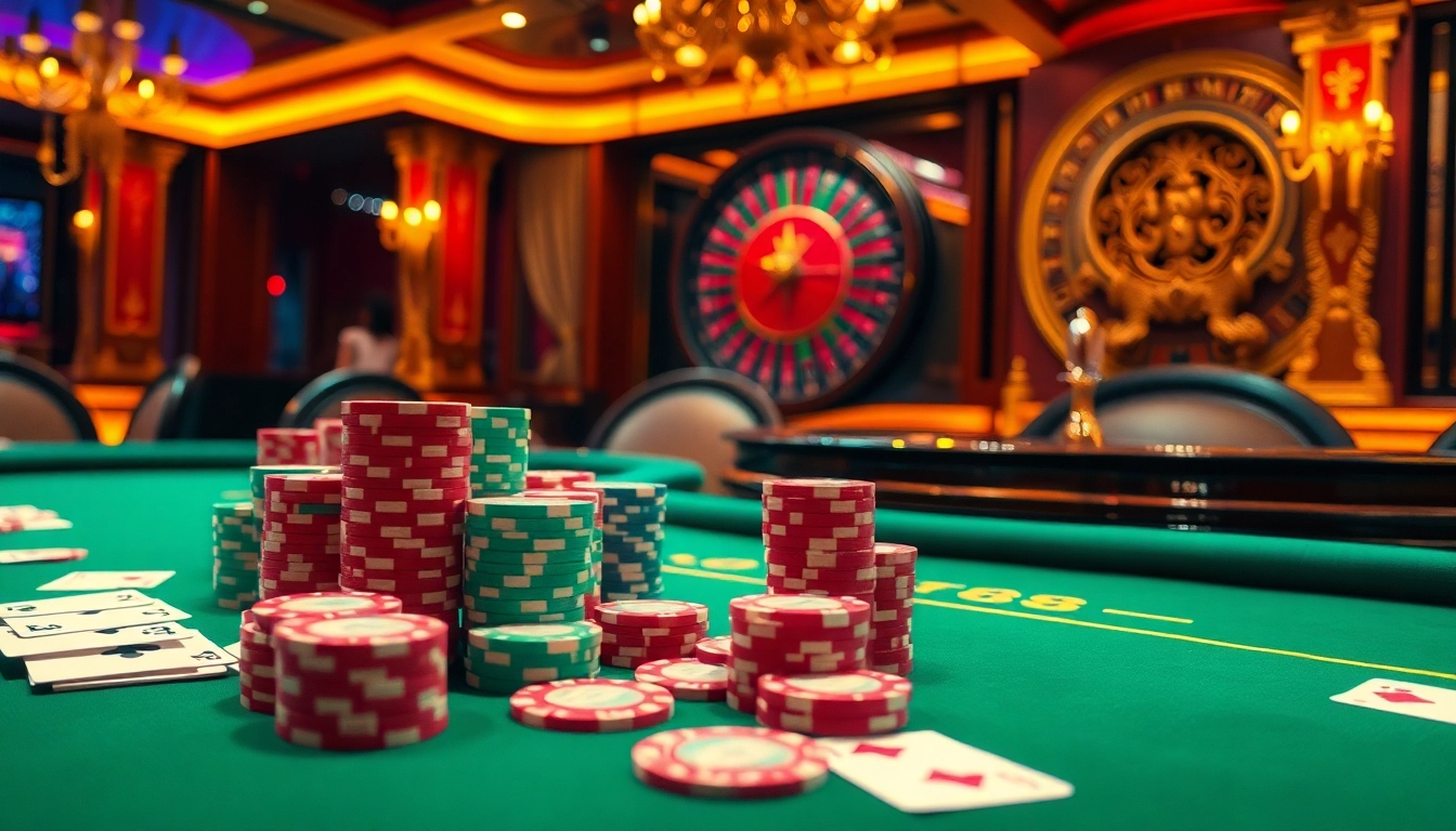 Engage in thrilling poker action at loto188.gb.net's luxurious casino with vibrant chips and cards.