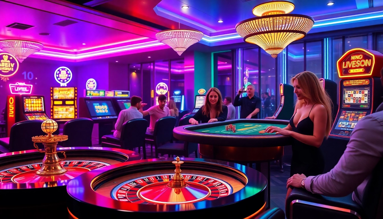 Engaging players enjoying the nohu90 online casino experience with vibrant slot machines and live dealers.