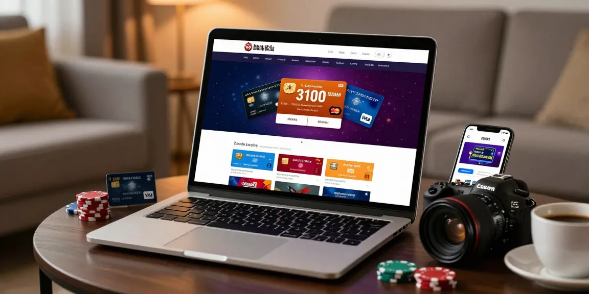 Engaging home scene showcasing credit card casinos UK on a laptop with promotional bonuses and credit cards alongside a mobile wallet.