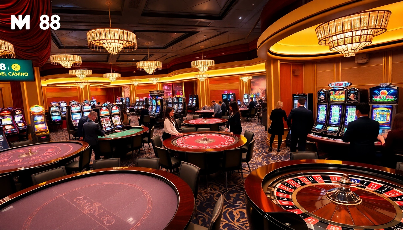 Experience thrilling gameplay at MM88's vibrant casino tables with excited players and iconic slot machines.