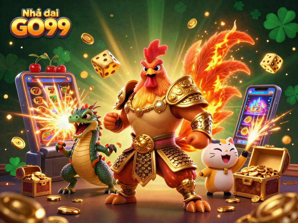 Engaging scene showcasing Nhà cái GO99 with cartoon rooster and dragon in casino adventure.