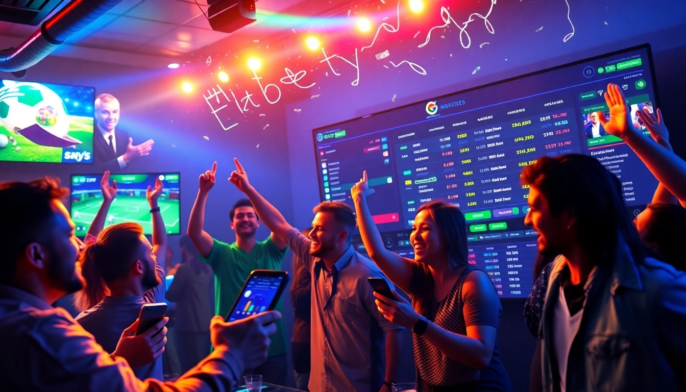 Exciting scene of users engaging in sbobet.dance live betting party, showcasing vibrant atmosphere and digital interfaces.