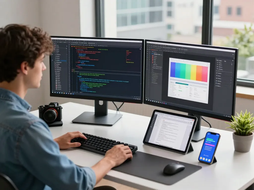 Developer using Open Claw AI in a dynamic tech workspace with multiple monitors and vibrant coding.