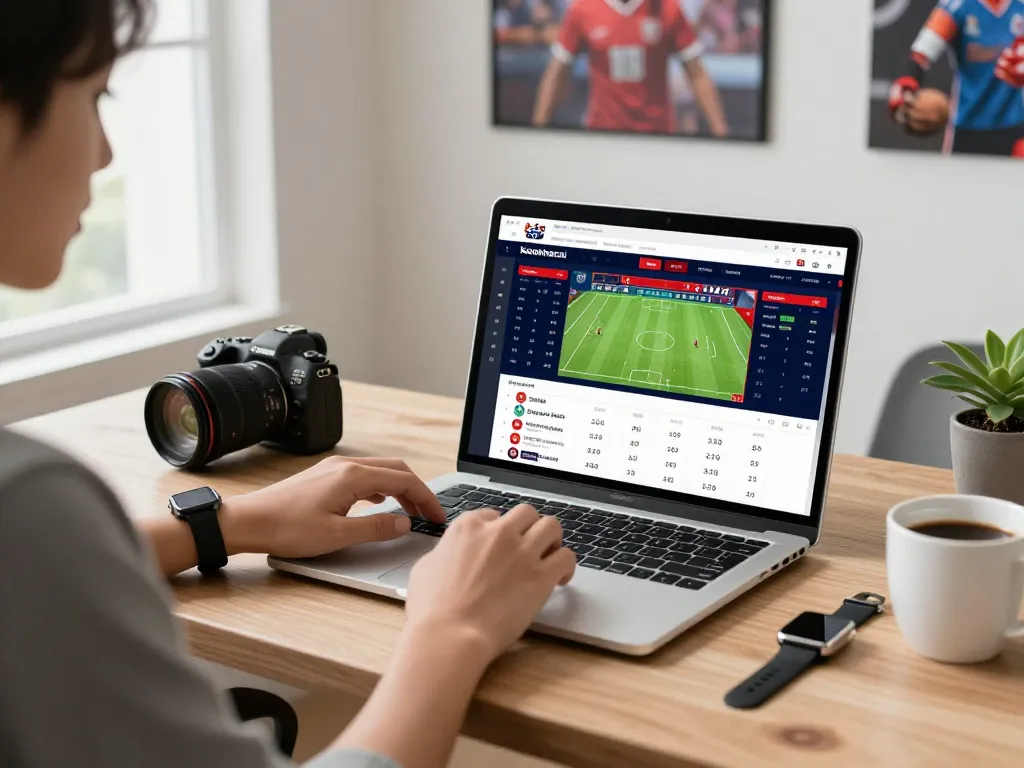 User engaging with keonhacai sports betting interface on sleek laptop in bright home office setting.