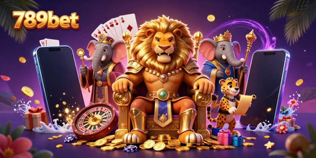 Experience the thrill of 789bet, illustrated with a king, advisor, and messenger in a vibrant casino scene.
