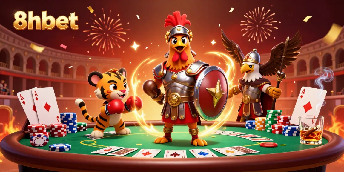 Engage with thrilling 8xbet poker action in a dynamic arena featuring vibrant characters and casino elements.