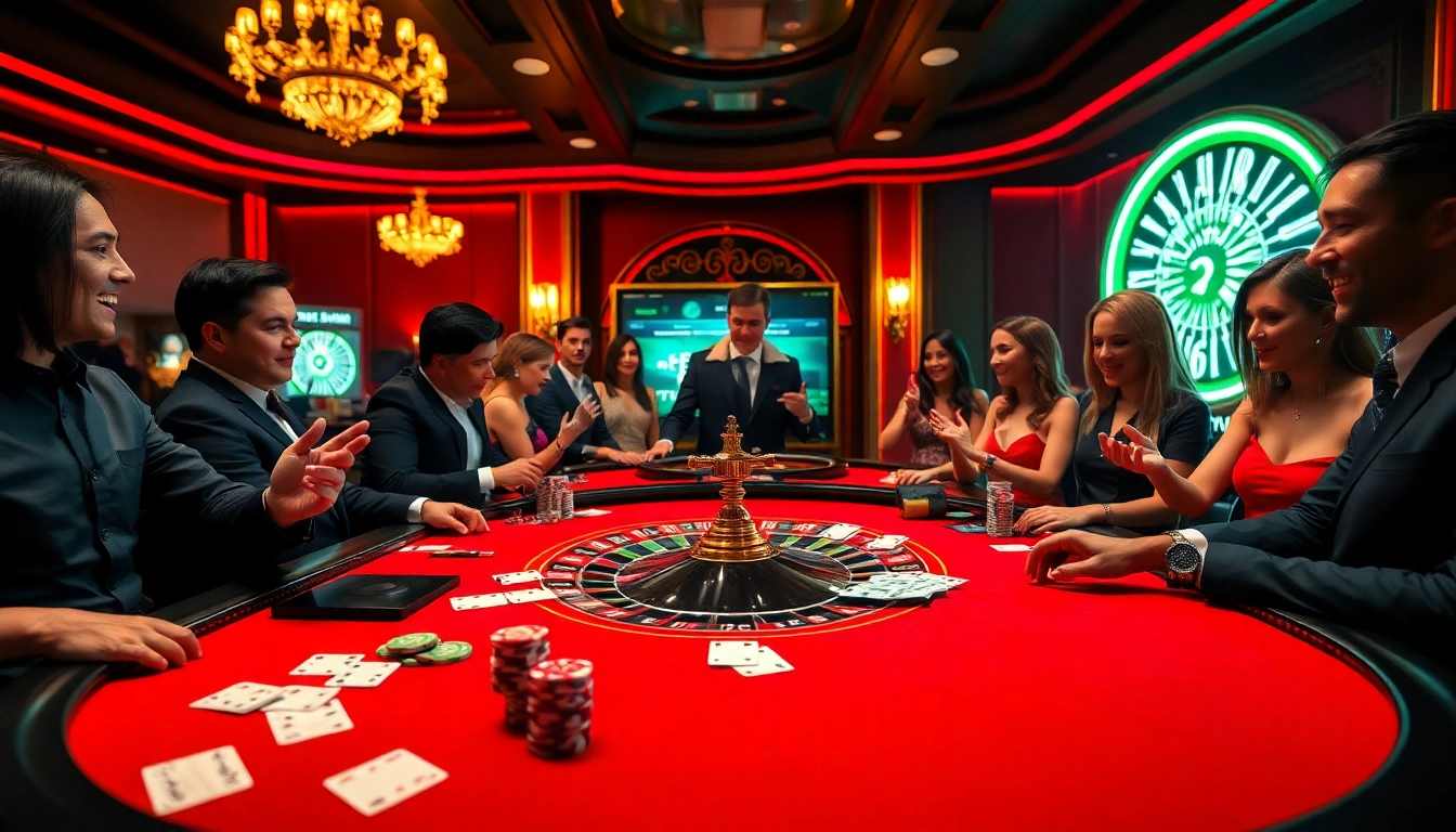 Excited players enjoying a thrilling game at open88 casino with vibrant poker chips and cards.