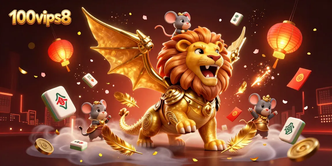 100vips8 offers thrilling gaming experiences with a majestic chimera and vibrant casino elements.