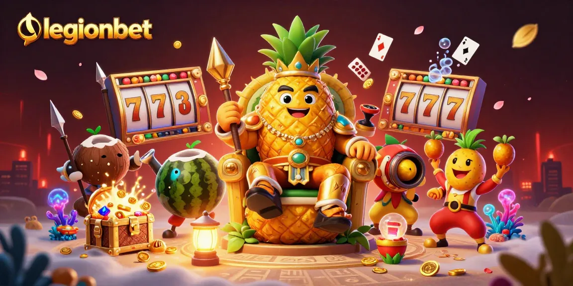 Engage in thrilling gameplay with legionbet at a vibrant beach casino featuring cartoon characters and slot elements.