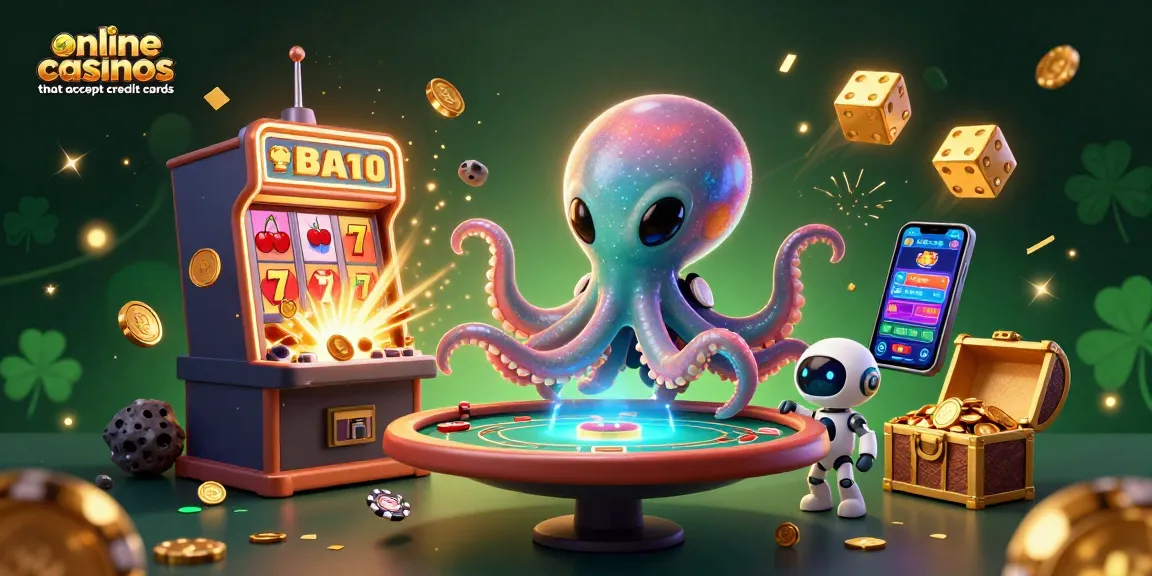 Explore online casinos that accept credit cards with a vibrant 3D illustration of an alien octopus playing poker surrounded by casino elements.