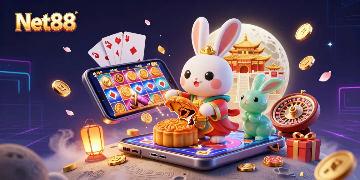 Engage with Net88's vibrant casino experience featuring a playful moon rabbit amidst colorful gaming elements.
