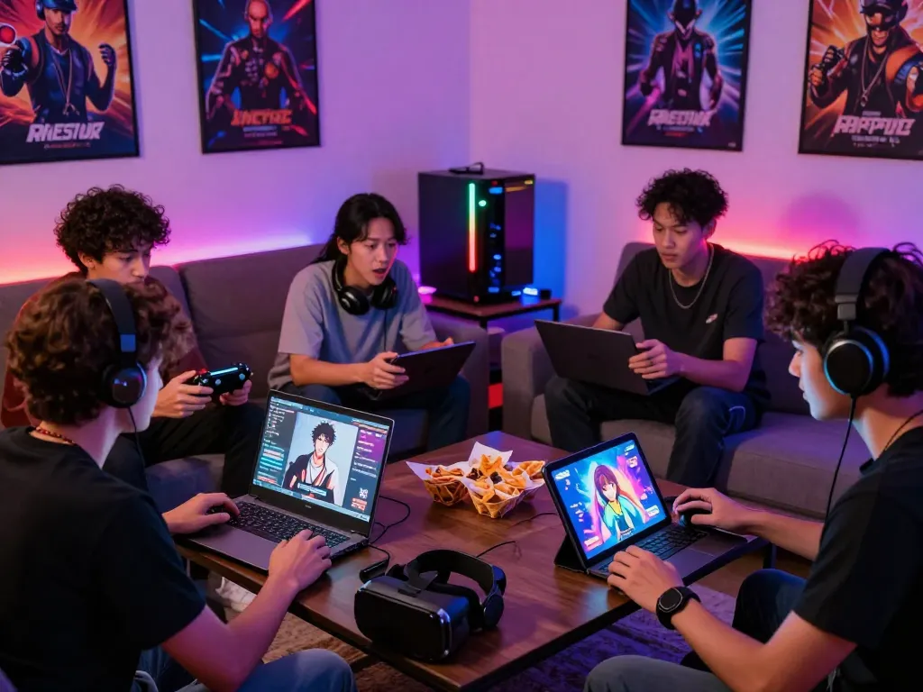 Group of friends enjoying porn games on various devices in a colorful gaming room