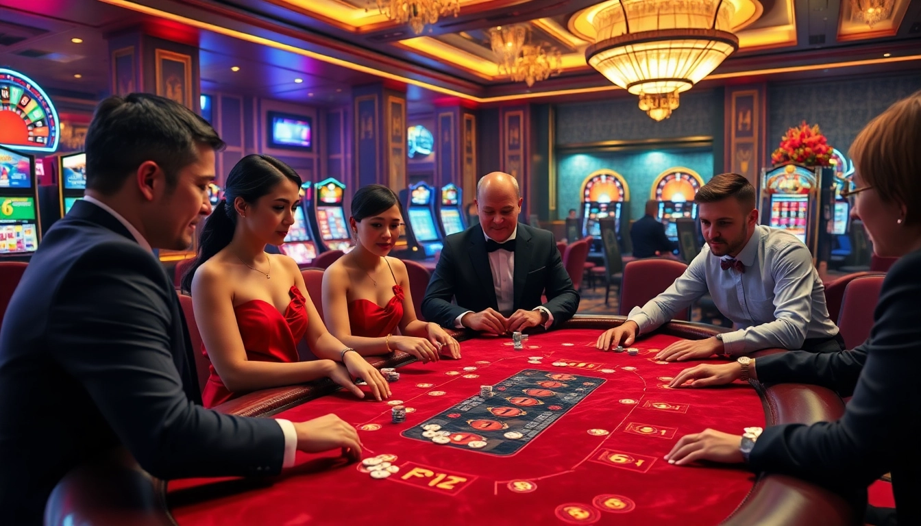 Engaged players enjoy high-stakes poker at TK88 Casino with vibrant décor and thrilling atmosphere.
