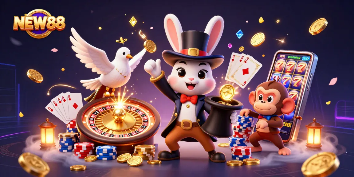 Experience the excitement of NEW88 with a 3D illustration of a magical casino scene featuring lively characters and dynamic game elements.