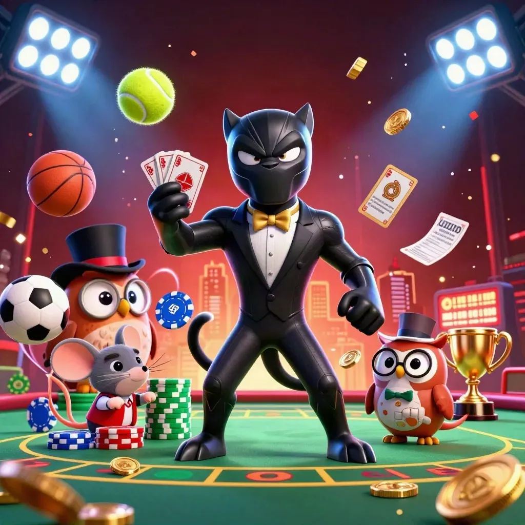 Panther, owl, and mouse amid flying balls, chips, trophy, coins, and dramatic casino lights.