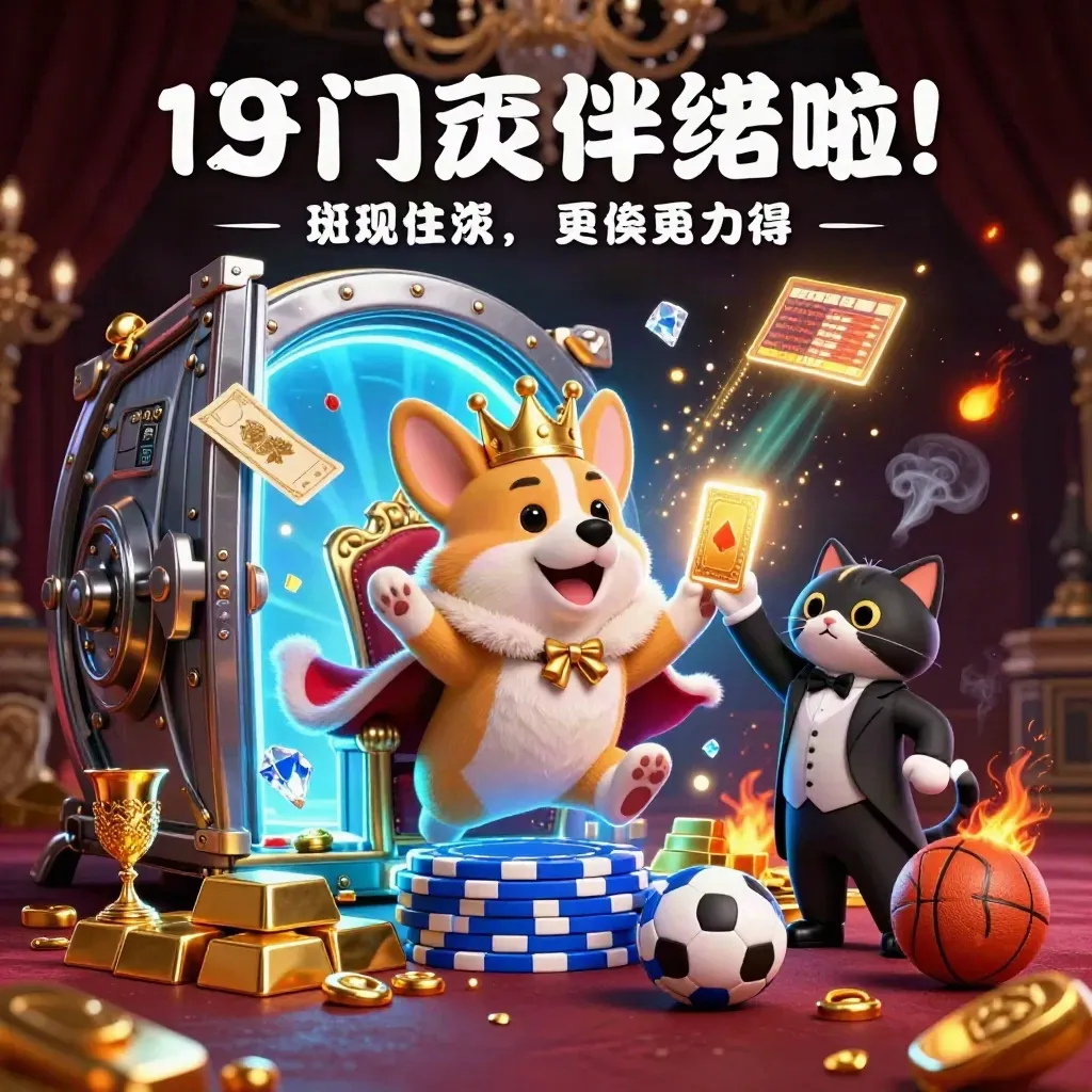 Corgi king and cat butler amid vault gold, gems, and sports betting icons