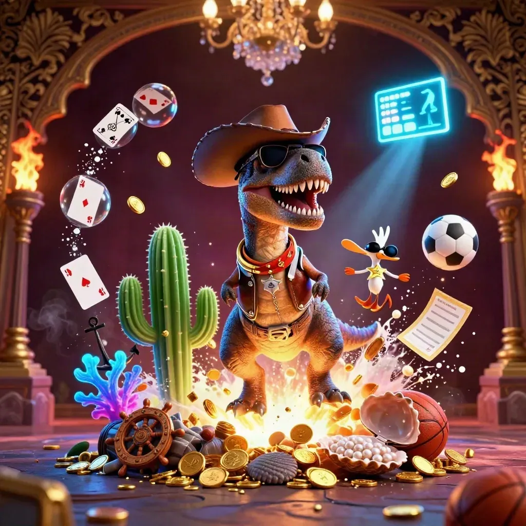 Cowboy T-Rex, cactus sidekick and roadrunner in a coin-splash casino treasure cove.