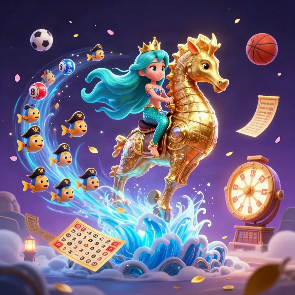 Mermaid princess on golden seahorse amid casino magic, balls, tickets, fish, and sports icons