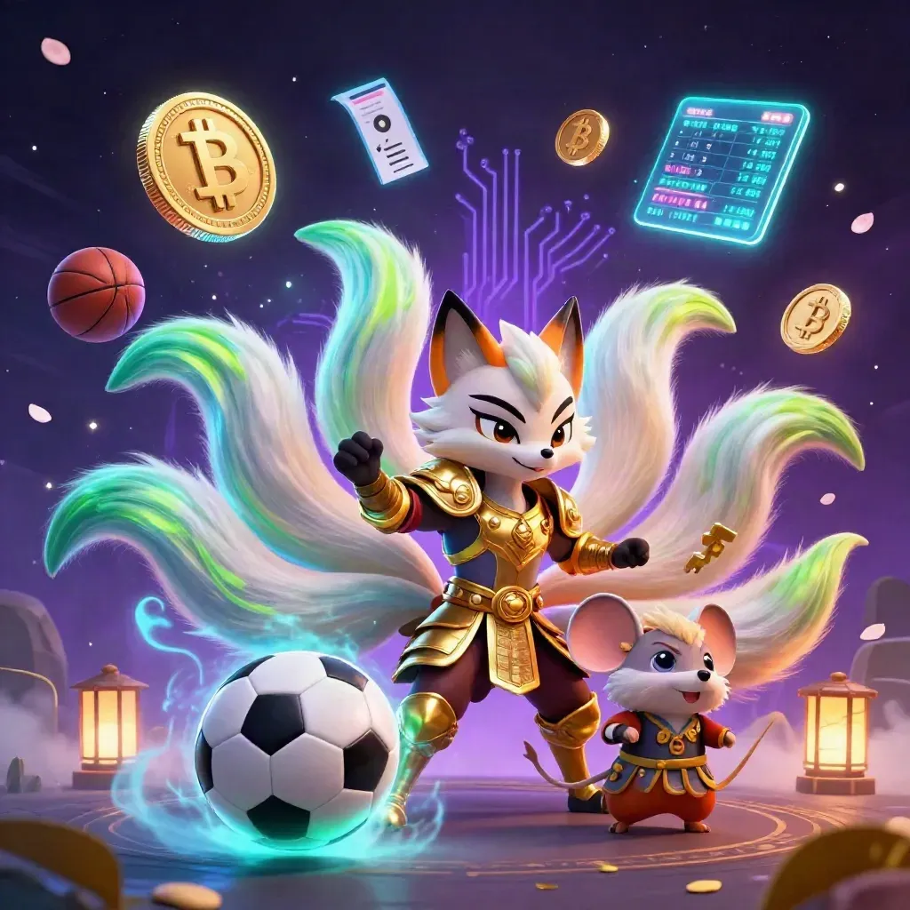 Neon fox spirit and golden mouse with sports and crypto effects in a purple cosmic burst.