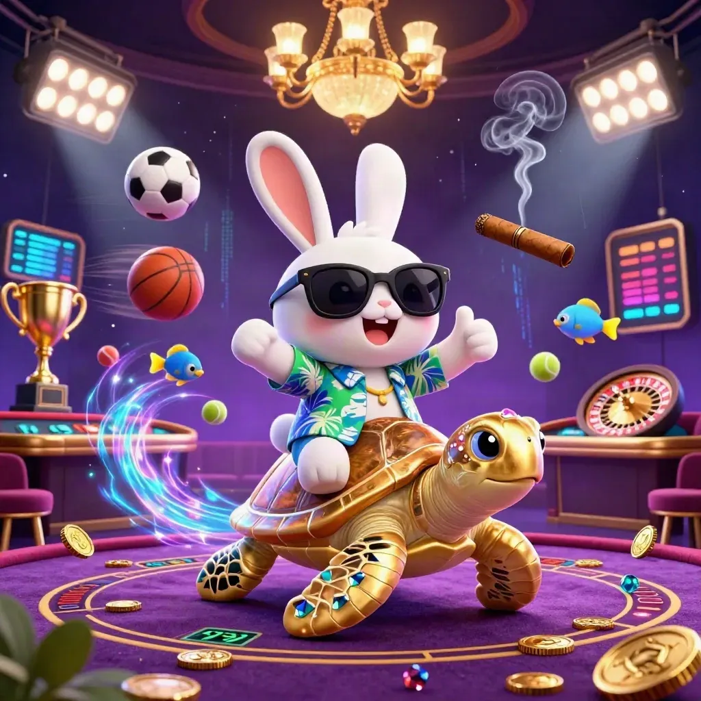 Lucky rabbit rides a golden turtle amid casino lights, sports balls, coins, and neon energy