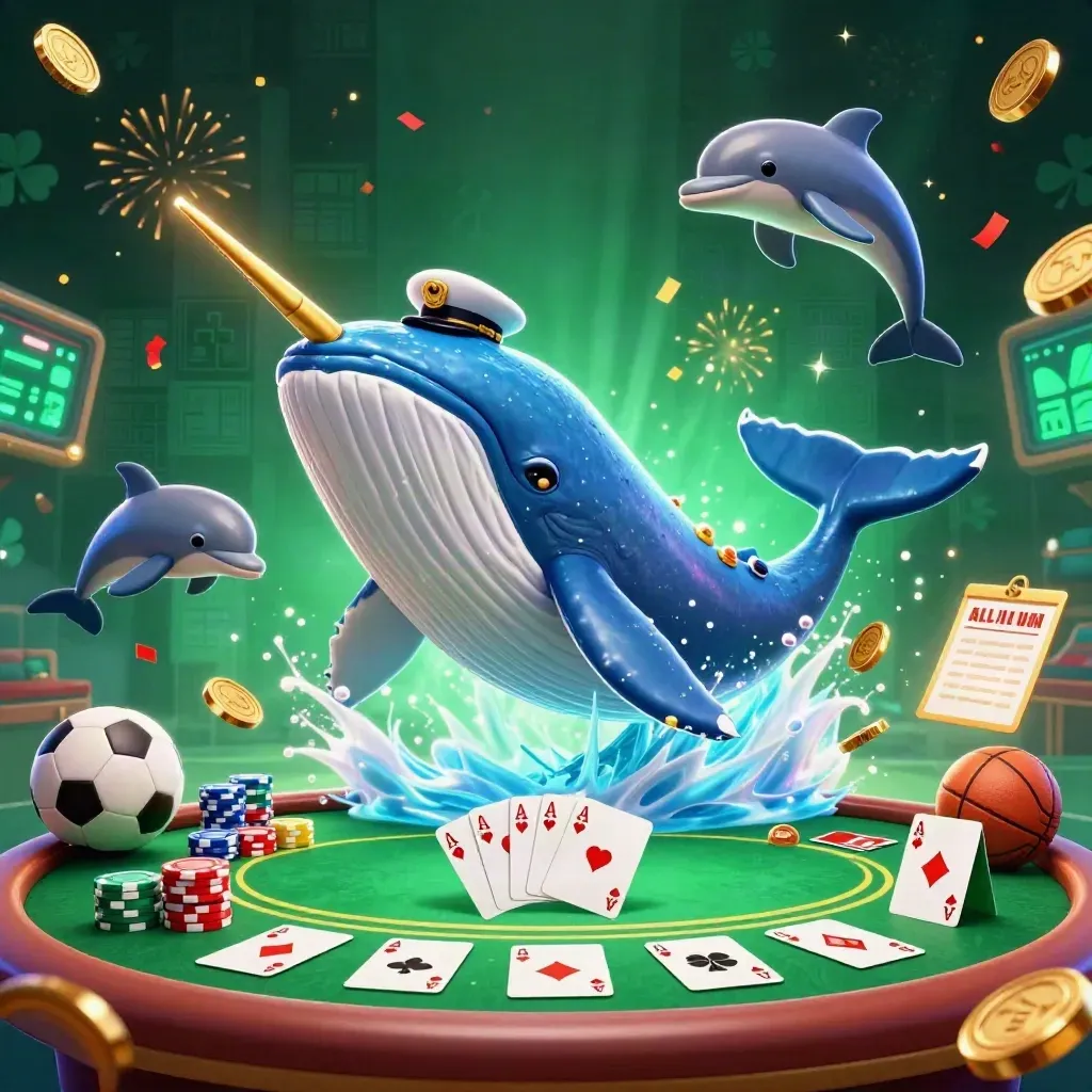 Whale, narwhal and dolphins surge through coins with casino props and neon lights.