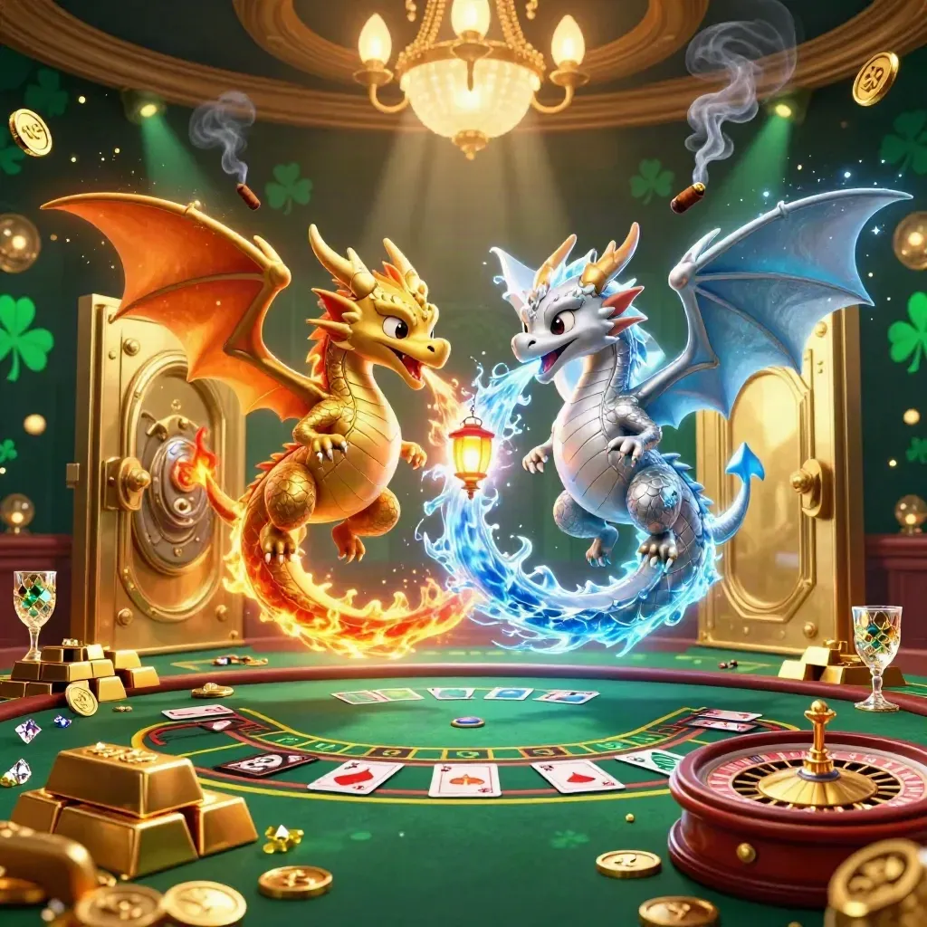 Twin gold and silver dragons spiral above a glowing vault in a neon casino room.