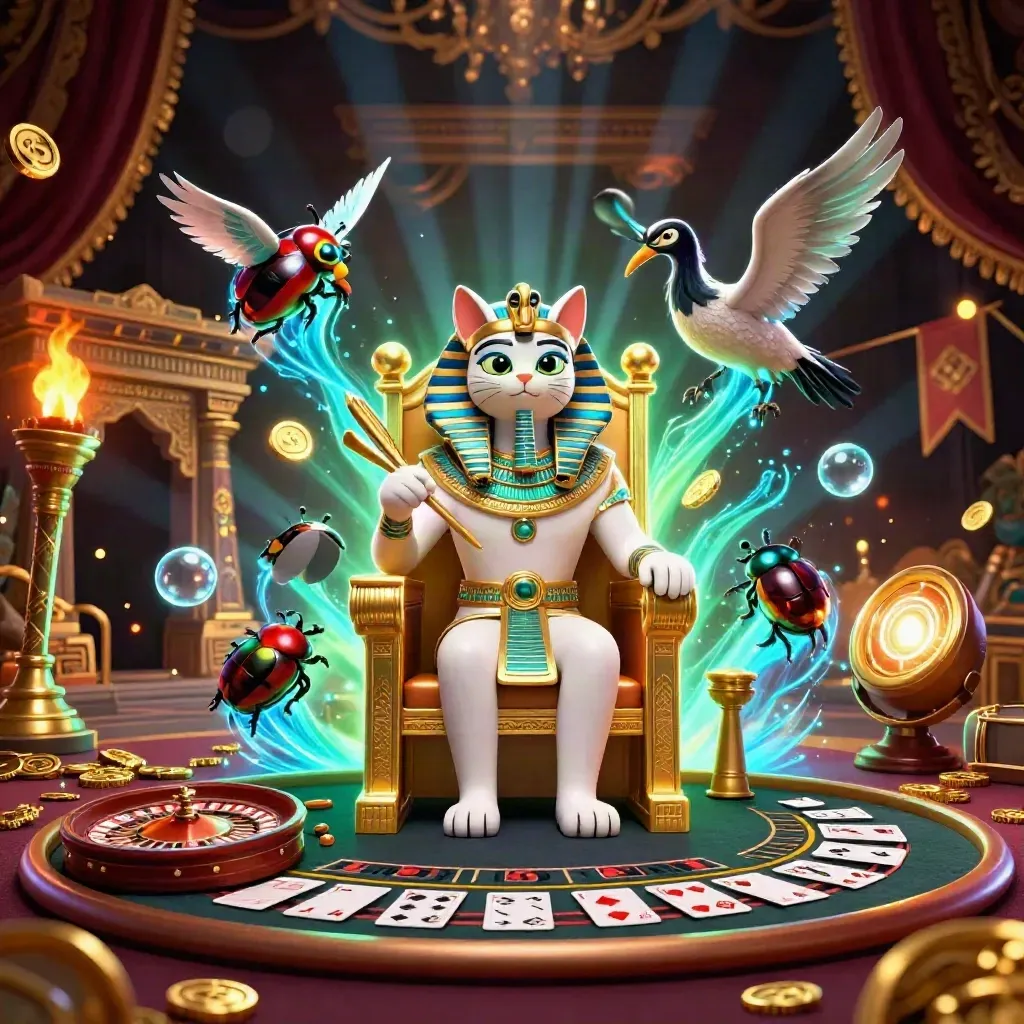 Pharaoh cat, ibis scribe, and scarab beetles in a glowing luxury casino fantasy chamber.