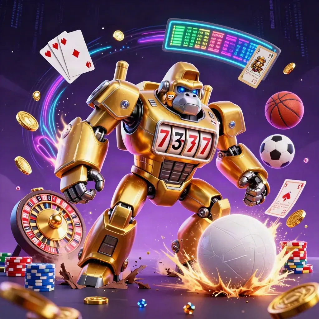 Golden gorilla mech with monkey pilot, coins, chips, and sports props exploding in neon casino light.
