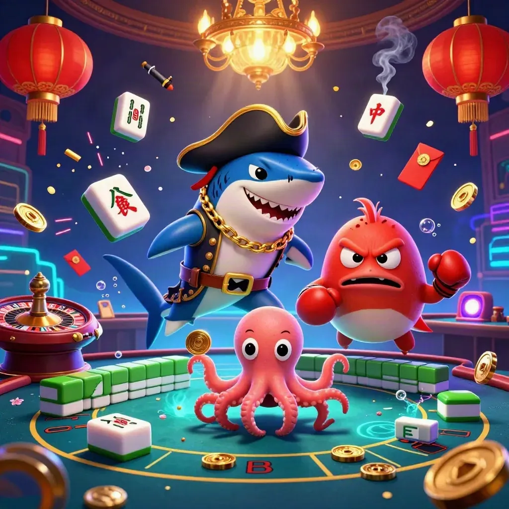 Three cartoon sea-casino heroes amid gold coins, lanterns, neon glow, and a mid-spin roulette wheel