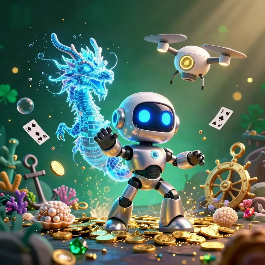 Cyberpunk robot, holographic dragon and coin drone amid treasure, coral, shells and gold coins.