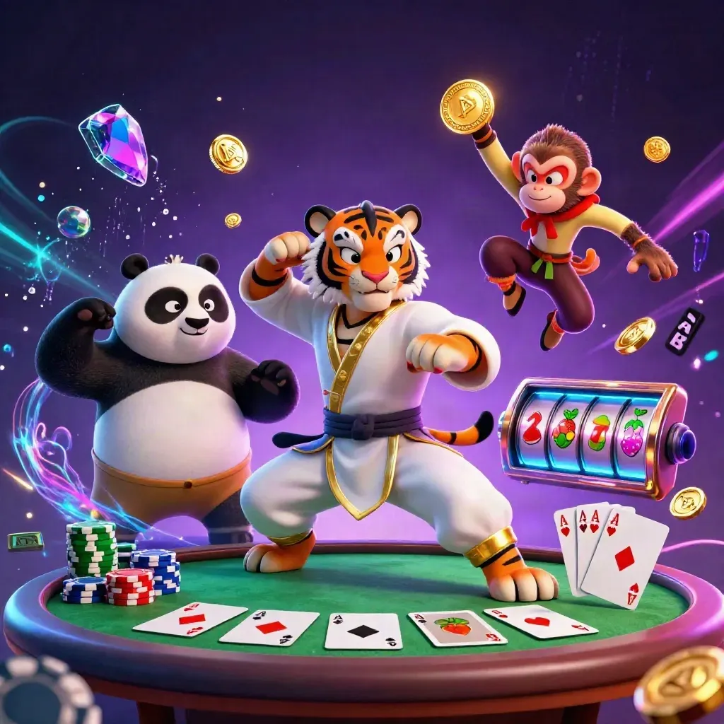 Kung-fu tiger, panda, and monkey amid poker chips, reels, gems, and neon casino magic.