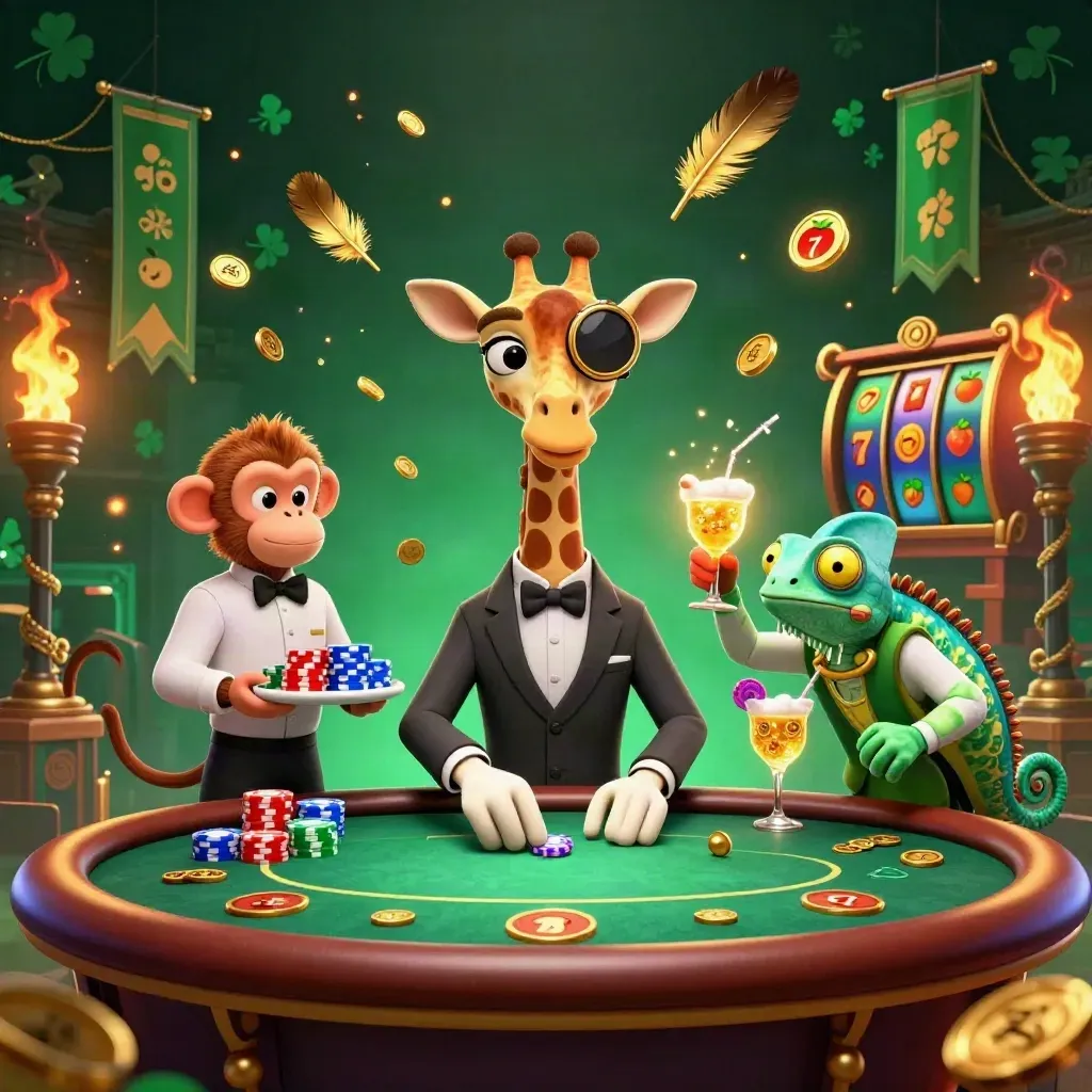 Giraffe high roller, monkey valet, and chameleon bartender amid gold bursts in a dark casino jungle