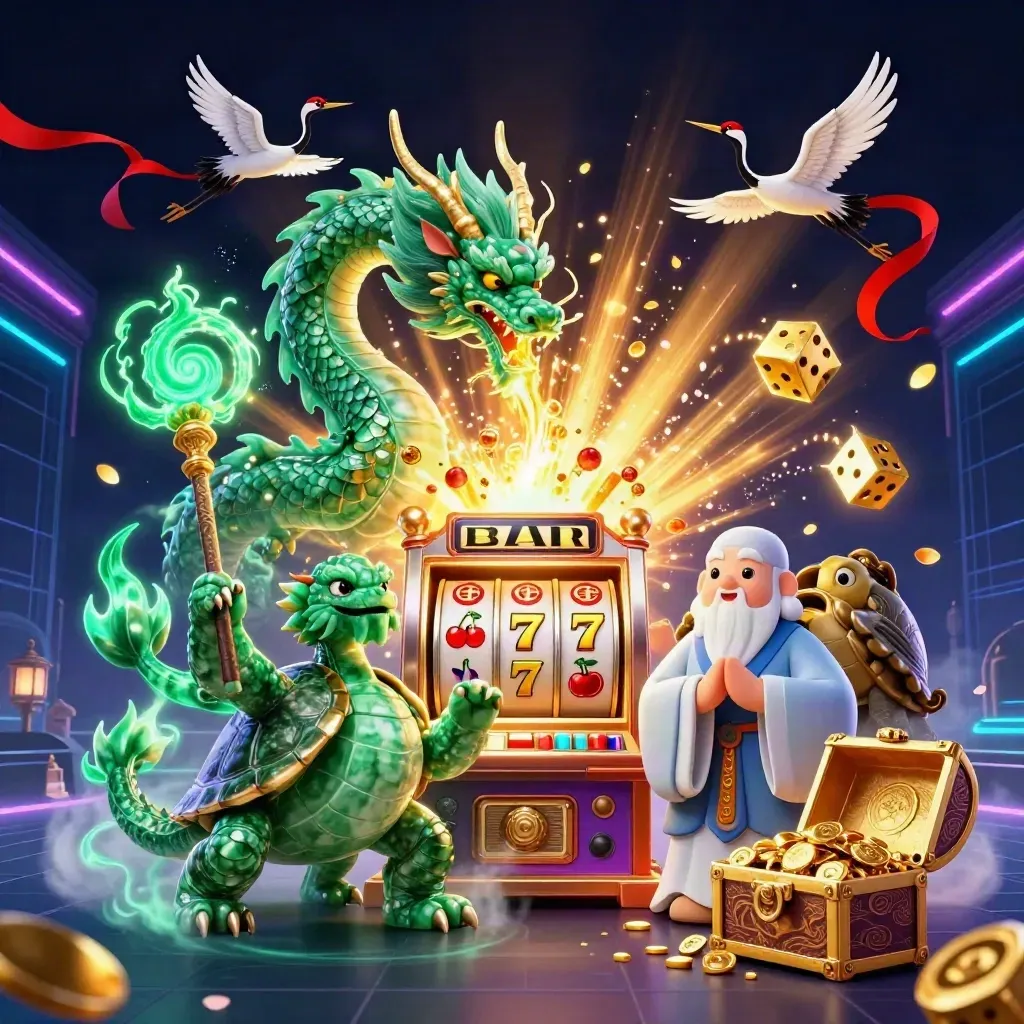 Emerald dragon, turtle sage, cranes, and jackpot burst in a neon casino fantasy.