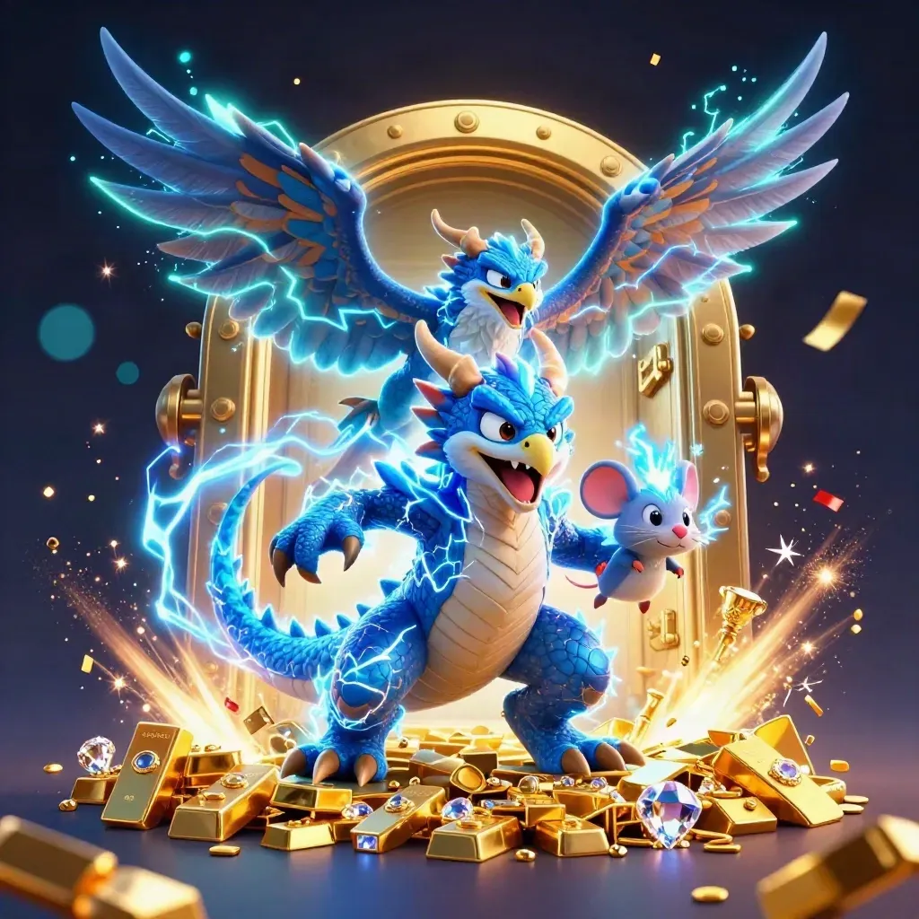 Thunder dragon, glowing hawk and static mouse burst from a gold vault amid gems and lightning.
