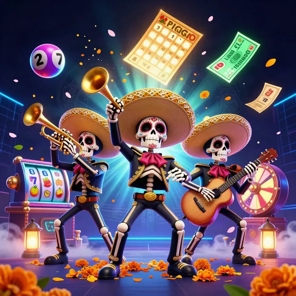 Three neon skeleton mariachi heroes explode amid casino loot in a dark futuristic grid.
