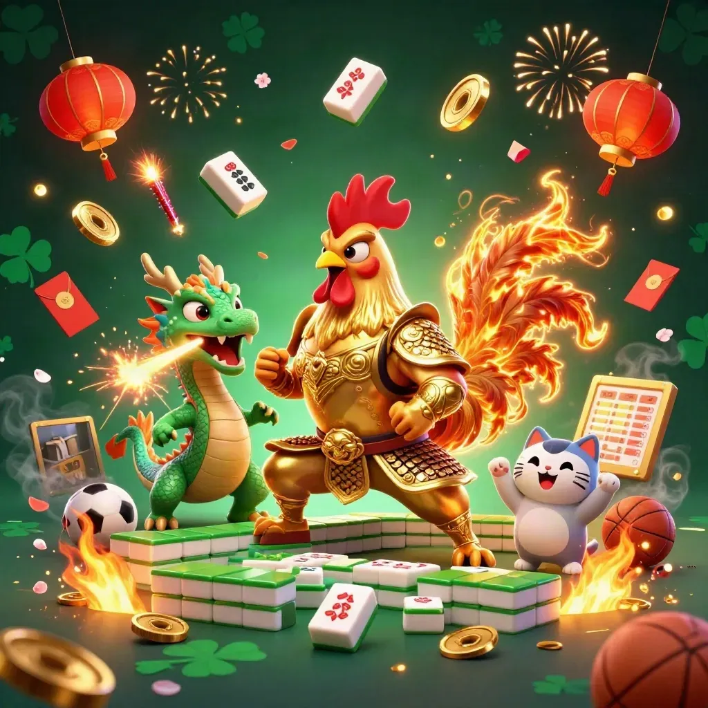 Rooster samurai, spark-breathing dragon hatchling and cheering fortune cat amid coins, fireworks and casino props.