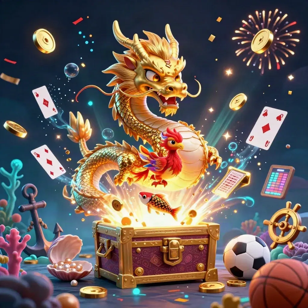 Golden dragon, phoenix and koi burst from a treasure chest amid coins, coral and fireworks.