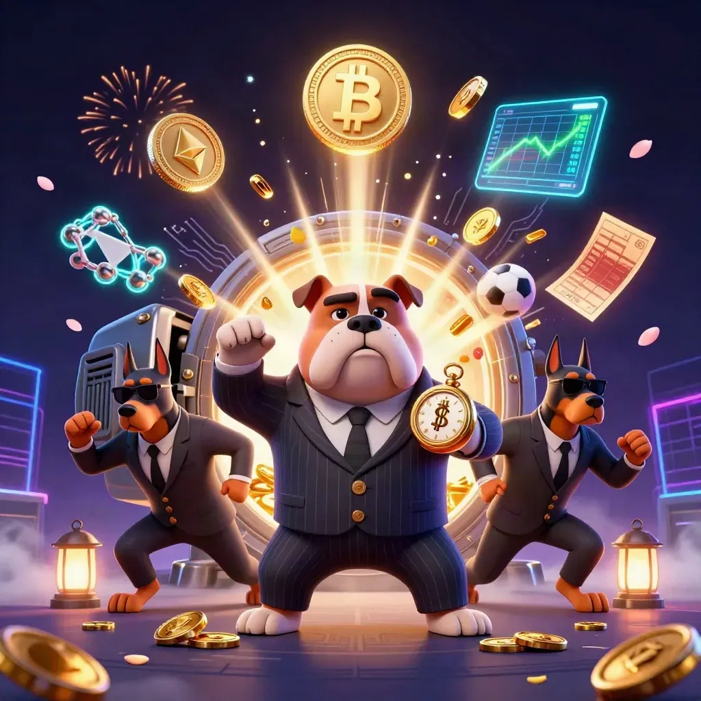 Bulldog boss and Doberman guards amid bursting gold coins, crypto icons, lightning, and neon casino effects