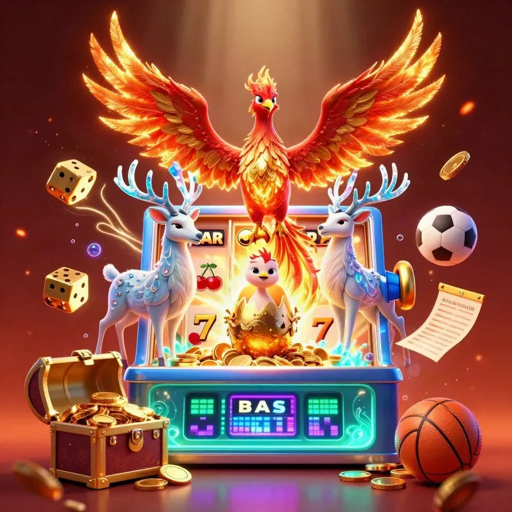 Fire phoenix, baby phoenix, stag, jackpot slot burst, coins, and sports betting symbols in a fiery promo tile.